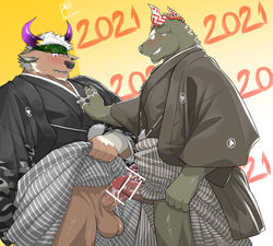 2021 2boys ^_^ absurdres alternate_costume animal_ears anthro anthro_only bar_censor bara black_kimono blush brown_fur camouflage camouflage_headwear censored chinese_zodiac closed_eyes clothes_pull cow_ears cow_horns cum cum_on_clothes erection furry gay grabbing gyumao hakama hakama_pants happy_new_year highres horns japanese_clothes kimono male male/male male_focus male_only minotaur multiple_boys multiple_penises muscular muscular_male new_year pants pants_pull pectoral_grab pectorals penis penises_touching philljonskimax precum pulled_by_self purple_eyes purple_horns reward_available shennong short_hair smile sweatdrop testicles thighs tokyo_afterschool_summoners tokyo_houkago_summoners white_hair white_horns yaoi year_of_the_ox