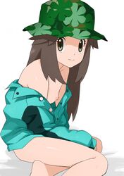 1girls big_eyes blue_clothing blue_topwear brown_eyes brown_hair exposed exposed_breasts female foot_out_of_frame green_hat hat human jacket leaf_(pokemon) long_hair looking_at_viewer nintendo nipples one_breast_out pokemon pokemon_masters sitting sitting_down sitting_on_bed small_breasts smile smiling solo sygna_suit_leaf thighs white_background