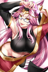 :p animal_ears armpits arms_up breasts detached_sleeves ear_ornament fate/grand_order fate_(series) female fox_ears glasses groin highres koyanskaya_(fate) large_breasts long_hair looking_at_viewer midriff nail_polish navel pink_hair pink_nails shimeno_puni smile solo tongue tongue_out very_long_hair yellow_eyes