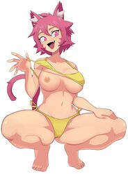 1girls animal_ears areolae big_breasts bikini breasts cat_ears character_request collarbone crouching face_markings face_paint fang fangs flowerpigeon73 looking_at_viewer messy_hair mouth_open navel nipples one_nipple_out original original_character pink_eyes pink_hair pink_tail smile solo squatting tiptoes white_background yellow_bikini