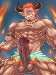 1boy 2021 41raco abs armlet bara boner censored cowboy_shot dark-skinned_male dark_skin draph erection facial_hair fire goatee granblue_fantasy highres huge_cock kirupi lantana_(granblue_fantasy) large_pectorals loincloth looking_at_viewer male_focus male_only mature_male mosaic_censoring muscular muscular_male nipples nude one_eye_closed orange_hair pectorals penis pointy_ears short_hair smile solo stomach testicles thick_thighs thighs tooth_necklace veins veiny_penis