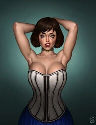 1girls armpit armpit_sweat armpits arms_up bare_shoulders big_breasts bioshock bioshock_infinite blue_eyes breasts brown_hair busty choker cleavage corset elizabeth_comstock eyeshadow female female_focus female_only hourglass_figure justsomenoob large_breasts lips lipstick lipstick_smear make-up make_up makeup makeup_running mascara mascara_tears realistic red_lips red_lipstick ruined_makeup runny_makeup short_hair skirt smeared_lipstick sweat sweatdrop sweating sweaty