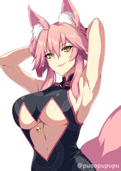 armpits arms_behind_head arms_up bangs bare_shoulders black_bodysuit blush bodysuit breasts closed_mouth fate/grand_order fate_(series) female fox_tail hair_between_eyes highres koyanskaya_(chinese_lostbelt_outfit) koyanskaya_(fate) large_breasts long_hair looking_at_viewer pink_hair punopupupu sidelocks simple_background smile solo tail underboob white_background yellow_eyes zeroshiki_kouichi