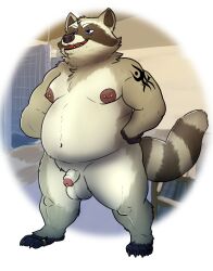 2023 absurd_res anthro balls belly big_belly brown_body dark_sparce genitals hi_res male mammal moobs navel nipples overweight overweight_male penis procyonid raccoon solo