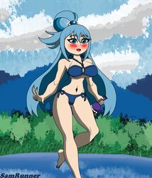 1girls aqua_(konosuba) big_breasts bikini blue_hair breasts clothing female female_focus female_only kono_subarashii_sekai_ni_shukufuku_wo! large_breasts long_hair nipples presenting pussy samrunner small_waist solo solo_female solo_focus standing thick_thighs thighs water