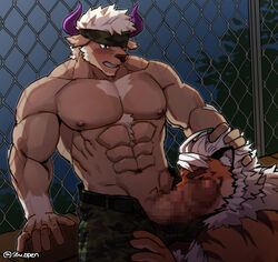 2boys abs animal_ears bara blush brown_fur camouflage camouflage_headwear camouflage_pants censored chest_hair cow_ears cow_horns erection furry gay hand_on_another's_head highres hombre_tigre_(tokyo_afterschool_summoners) horns large_pectorals licking licking_penis male male/male male_focus male_only male_pubic_hair minotaur mosaic_censoring multiple_boys muscular muscular_male navel navel_hair nipples open_pants pants pectorals penis pubic_hair purple_eyes purple_horns reward_available shennong shirtless short_hair ssu_(3228113) stomach tokyo_afterschool_summoners tokyo_houkago_summoners white_hair yaoi