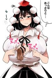 bangs belt black_bra black_hair black_skirt blush bra breasts brown_belt buttons closed_mouth commentary_request cum disembodied_penis female hat highres huge_breasts paizuri penis pointy_ears pom_pom_(clothes) puffy_short_sleeves puffy_sleeves red_eyes red_neckwear see-through_shirt shameimaru_aya shirt short_hair short_sleeves simple_background skirt sweatdrop tannkobuiwa tokin_hat touhou translation_request underwear white_background white_shirt