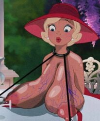 blonde_hair breast_expansion charlotte_la_bouff collar disney hanging_breasts hat huge_breasts looking_down nipple_piercing nipples pierced_nipples piercing shocked the_princess_and_the_frog veiny_breasts what