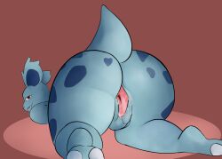 2_toes absurd_res anthro ass bedroom_eyes big_butt bodily_fluids feet female generation_1_pokemon genital_fluids genitals hi_res i_will_dance_only_if_the_beat_is_funky looking_back lying markings narrowed_eyes nidorina nintendo on_front pokémon_(species) pokemon pokemon_(species) presenting pussy pussy_juice rear_view seductive short_tail simple_background smile solo spread_pussy spreading tail thick_thighs toes