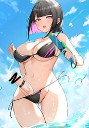 1futa :o ass_visible_through_thighs bare_arms bare_shoulders bikini black_bikini black_hair breasts censored cleavage clothed clothing colored_inner_hair cum day ejaculation erection futa_only futa_sans_balls futanari groin hair_ornament hairclip highres holding human large_breasts light-skinned_futanari light_skin looking_at_viewer luse_maonang mostly_nude multicolored_hair navel open_mouth original outdoors pale_skin penis pink_eyes red_potato_rinrin short_hair side-tie_bikini skindentation solo standing stomach string_bikini swimsuit thighs two-tone_hair wading water water_gun yuuki_mama