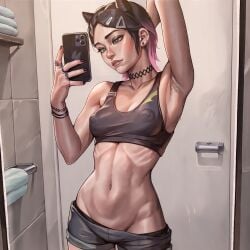 1girl ai_generated arm_up armpit_hair armpits bathroom black_hair breasts choker clove_(valorant) falewii female flat_stomach gradient_hair hairclip holding holding_object holding_phone indoors jewelry mirror mirror_reflection mirror_selfie navel nipple_bulge nipples nipples_visible_through_clothing phone pink_hair pussy_peek ribs ring_(jewelry) rings self_upload selfie shorts shorts_pull small_breasts smartphone solo sports_bra sports_shorts sportswear stomach stubble thighs valorant