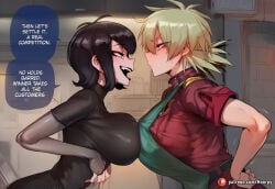 2girls abs ai_generated aroused aroused_face asymmetrical_docking athletic athletic_female big_ass big_breasts big_butt big_thighs black_hair black_shirt blush bodysuit breast_press breast_squeeze breasts breath caption clothed clothed_female clothing comic comic_page comics curvy curvy_body curvy_female curvy_figure cute cute_face english english_text erect_nipples eye_contact female female_only hellsing hellsing_ultimate hoorpy hotel_transylvania hourglass_figure indoors large_breasts mavis_dracula narrow_waist nipples open_mouth patreon patreon_logo patreon_username petite petite_body petite_breasts petite_female red_eyes red_shirt seras_victoria sexy sexy_body sexy_pose shirt short_hair short_sleeves speech_bubble story sweat sweatdrop symmetrical_docking talking talking_to_another talking_to_partner teeth text thick_thighs thighs toned vampire vampire_girl vampire_teeth voluptuous voluptuous_female