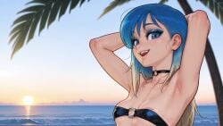 1girls 2d 2d_(artwork) ai_assisted ai_generated arms_up bikini bikini_top blue_eyes blue_hair breasts digital_drawing_(artwork) digital_media_(artwork) eve_(summertime_saga) female female_focus female_only hi_res high_quality high_resolution highres light-skinned_female light_skin looking_at_viewer palm_tree small_breasts smile smiling summertime_saga sunrise teenage_girl teenager two-tone_hair wienergens