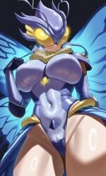1girls ai_generated blue_hair breasts butterfly_wings curvy curvy_female curvy_figure digimon digimon_(species) digimon_story digimon_story:_cyber_sleuth digimon_story:_cyber_sleuth_hacker's_memory eyewear female female_focus fur_collar headwear high_heels highleg_bodysuit hudiemon large_breasts leotard shoulder_pads sidelocks thick thick_thighs thighhighs thighs waist wide_hips wings