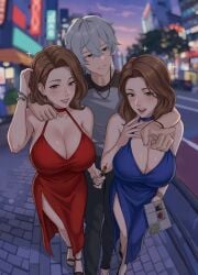 1boy 2girls before_sex blue_dress brown_hair cleavage edit gray_hair hi_res highres huge_ass huge_breasts inminent_sex milf mishima_yumi older_female older_female_and_younger_male ootake_nami red_dress seductive seductive_look seductive_smile short_hair sisters twin_milf twins wise_(zenless_zone_zero) zenless_zone_zero