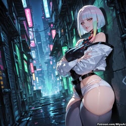 1girl ai_assisted ai_generated belt blunt_bangs breasts city crossed_arms curvaceous curvy curvy_female curvy_figure cyberpunk cyberpunk_(series) cyberpunk_edgerunners female large_breasts looking_at_viewer lucy_(cyberpunk) miyuai night short_hair short_shorts shorts silver_hair smile solo thick thick_ass thick_butt thick_hips thick_legs thick_thighs thighhighs voluptuous voluptuous_female wide_hips wide_thighs