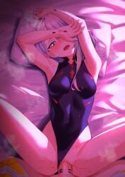 1boy 1girl absurdres black_leotard breasts commentary cyberpunk:_edgerunners cyberpunk_(series) david_martinez grey_hair hetero highres kukiyuusha leotard lucy_(cyberpunk) lying missionary on_back on_bed parted_lips penis pillow sex small_breasts uncensored vaginal