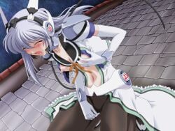 1girl 2000s_(style) amagi_nanaha black_pantyhose blue_hair blush breasts cable closed_eyes dress dutch_angle elbow_gloves female_masturbation frills game_asset gloves grabbing_own_breast grey_hair kneeling long_hair magical_girl mahou_senshi_(series) mahou_senshi_symphonic_knights masturbation masturbation_through_clothes medium_breasts navel night nipples no_bra non-web_source official_art open_clothes open_dress open_mouth open_shirt orange_ribbon outdoors pantyhose ribbon saitou_natsuki self-datamine shirt solo symphonic_sugar variant_set visual_novel_cg white_gloves