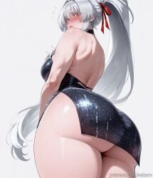 1girls ai_generated ass ass_focus back backless_outfit bangs bare_shoulders black_dress blush breasts dress flying_sweatdrops from_behind hair_ribbon hiyuki_(wuthering_waves) large_breasts long_hair looking_at_viewer looking_back ponytail red_eyes red_ribbon ribbon sakaro simple_background solo thick_thighs thighs very_long_hair white_background white_hair wuthering_waves