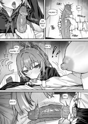 1boy 2girls blowjob blush boijfal breasts brown_hair ceres_fauna comic cum cum_in_mouth feathers fellatio femdom greyscale hair_ornament handjob hololive huge_breasts long_hair looking_at_viewer malesub nanashi_mumei nipples oral penis ponytail school_uniform smegma threesome virtual_youtuber x-ray