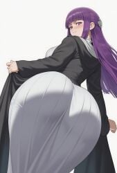 1girls ai_generated ass bangs big_ass blush breasts dress eyebrows_visible_through_hair fern_(sousou_no_frieren) formal jacket large_breasts long_hair looking_at_viewer looking_back pantylines purple_eyes purple_hair skirt smile solo sousou_no_frieren suit
