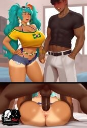 1boy 1girls 2d ai_generated ass big_ass big_breasts black_heat_studios brazilian_miku breasts cock_in_pussy cock_in_vagina dark-skinned_male erection female female_focus full_body hetero interracial large_penis penis penis_in_pussy penis_in_vagina qos qos_tattoo queen_of_spades sex smile sweat tattoo thick thick_thighs uncensored vaginal_penetration vaginal_sex