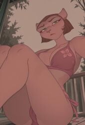 ai ai_generated alien big_breasts bikini breasts camel_toe cameltoe captain_amelia curvy curvy_figure depressed disney feline green_eyes guard_rail looking_at_viewer low-angle_view mature_female sexy solemn sunset swimsuit treasure_planet trees
