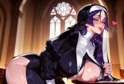 1girl ai_generated balecxi blush church dress fate/grand_order fate_(series) habit heart large_breasts long_hair looking_at_viewer minamoto_no_raikou_(fate) minamoto_no_raikou_(fate/grand_order) nipples nun one_breast_out parted_bangs patreon_username purple_eyes purple_hair side_slit solo thighs tongue tongue_out