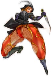 armor cameltoe clitoris dildo erect_nipples female final_fantasy final_fantasy_xi fishnets hume katana kunai kunoichi large_thighs looking_back looking_over_shoulder ninja open_mouth red_hair simple_background solo thighs turban