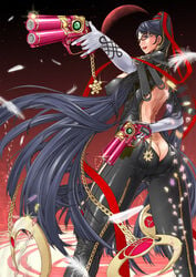 ass_cleavage back bayonetta bayonetta_(character) black_hair bodysuit breasts butt_crack chains dual_wielding earrings elbow_gloves erect_nipples error eyeshadow female glasses gloves gun hair handgun highres huge_breasts jewelry juubaori_mashumaro lipstick long_hair magic_circle makeup mole moon no_panties pistol red_moon ribbon sega solo strap very_long_hair weapon