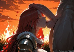1boy 1girl ai_assisted ai_generated backlighting bangs breasts cloud cloudy_sky cum curvaceous curvy curvy_female curvy_figure elden_ring erection fellatio female from_side fur_trim heart hetero huge_penis large_breasts long_hair malenia_blade_of_miquella miyuai oral orange_sky outdoors penis profile red_hair saliva sky solo_focus sunset symbol-shaped_pupils testicles thick thick_ass thick_butt thick_hips thick_legs thick_thighs uncensored veins veiny_penis voluptuous voluptuous_female wide_hips wide_thighs yellow_eyes