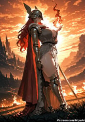 1girl ai_assisted ai_generated armor ass boots breasts cape cloud curly_hair curvaceous curvy curvy_female curvy_figure dress elden_ring female fire full_body helmet high_heels large_breasts long_hair malenia_blade_of_miquella miyuai orange_sky outdoors red_hair sky solo standing sun sunset thick thick_ass thick_butt thick_hips thick_legs thick_thighs thighhighs thighs voluptuous voluptuous_female wide_hips wide_thighs