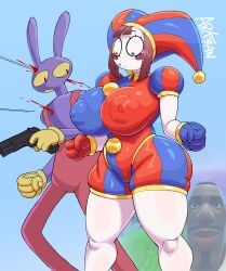 1boy 1girls arkman big_breasts blood breasts clothed clothed_female clothed_male curvaceous curvy distracted female fortnite gunshot gunshot_wound hourglass_figure jax_(the_amazing_digital_circus) male meme nipples_visible_through_clothing pomni_(the_amazing_digital_circus) shocked shot_in_head the_amazing_digital_circus