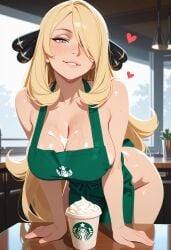 1girls ai_generated big_ass big_breasts blonde_hair civitai cynthia_(pokemon) flat_colors food_on_body hearts huge_breasts long_hair looking_at_viewer milf naked_apron solo starbucks starbucks_barista tagme wet_body