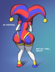 1girls ass big_ass bottom_heavy chell_chan female female_only footwear fortnite full_body jester jester_hat jester_outfit pomni_(the_amazing_digital_circus) rear_view solo solo_female the_amazing_digital_circus