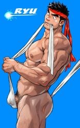 1boy abs absurdres arm_hair bara black_eyes black_hair blue_background character_name clenched_teeth completely_nude convenient_censoring facial_hair forked_eyebrows hadouken headband highres large_pectorals leg_hair looking_down male_focus muscular muscular_male nipples nude pectorals penis penis_peek pubic_hair red_headband ryu_(street_fighter) short_hair simple_background solo street_fighter stubble suamaru teeth thick_eyebrows tying_fundoshi