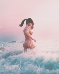 1girls 3d beach dark-skinned_female dark_skin female magisteriumart medium_breasts naked overwatch pharah pinup standing_in_water sunlight water wave