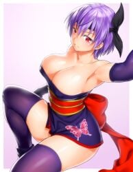 1girls armpits arms_up ayane_(doa) big_breasts breasts breasts_out cleavage dead_or_alive exposed_breasts female japanese_clothes kunoichi large_breasts ninja obi onsoku_inu purple_hair purple_thighhighs red_eyes short_hair thighhighs