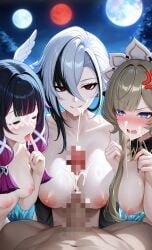1boy 3girls aether_(genshin_impact) ai_generated big_breasts busty columbina_(genshin_impact) cum_on_face genshin_impact paizuri sandrone_(genshin_impact)