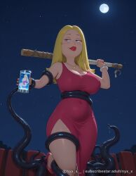 1girl ai_generated american_dad blonde_hair blue_eyes bracelet breasts cleavage covered_navel cup dress francine_smith full_moon high_heels holding jewelry large_breasts lipstick long_hair makeup mature_female moon necklace night night_sky nyx_x red_dress red_lips sensitive side_slit sky solo star_(sky) starry_sky tentacles