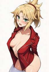 ai_generated blonde_female blonde_hair green_eyes licking_lips looking_at_viewer mordred_(fate) mordred_(fate)_(all) mordred_(fate/apocrypha) ponytail red_jacket small_breasts smiling_at_viewer spread_legs spread_pussy spreading stockings stockings_only thighs thighs_high tongue uncensored uncensored_breasts uncensored_nipples uncensored_pussy uncensored_vagina