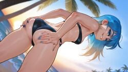 1girls 2d 2d_(artwork) ai_assisted ai_generated ass ass_support big_ass bikini bikini_top blue_eyes blue_hair breasts bubble_ass bubble_butt digital_drawing_(artwork) digital_media_(artwork) eve_(summertime_saga) female female_focus female_only hi_res high_quality high_resolution highres light-skinned_female light_skin looking_at_viewer palm_tree presenting presenting_ass small_breasts smile smiling summertime_saga sunrise teenage_girl teenager thick_thighs two-tone_hair wienergens
