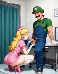 1boy 1girls ai_generated ass balls blonde_hair blowjob blue_gloves blue_overalls closed_eyes clothing curtains duo ear_piercing erection facial_hair feet female genitals gloves green_hat green_shirt hand_on_penis hat high_heels indoors legwear light-skinned_female light-skinned_male light_skin long_hair luigi male male/female mario_(series) mature mature_female mature_male nintendo nurse nurse_cap nurse_peach nurse_uniform overalls penis penis_out pink_outfit princess_peach pubic_hair sex shirt short_hair sitting squatting straight straight_sex testicles voluptuous voluptuous_female white_gloves