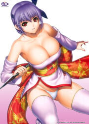1girls ayane_(doa) big_breasts breasts breasts_out dead_or_alive female iruma_kamiri japanese_clothes kunai kunoichi large_breasts ninja obi panties pantyshot pantyshot_(standing) purple_hair red_eyes short_hair thighhighs underwear variant_set white_panties white_thighhighs white_underwear
