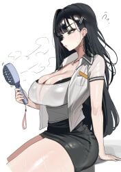 1girls absurdres black_bra black_eyes black_hair bra bra_peek bra_visible_through_clothes breasts cleavage collared_shirt earrings hair_ornament hairclip hand_fan handheld_electric_fan highres huge_breasts jewelry necklace open_clothes open_shirt original pazzimo pencil_skirt shirt skirt solo sweat tank_top thick_thighs thighs underwear very_sweaty