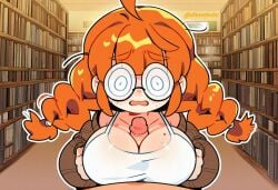 1boy 1girls ai_assisted ai_generated coke-bottle_glasses dlewdedai huge_breasts nerd nerdy_female oc paizuri pov swirly_glasses