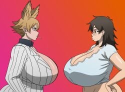 2d 2d_(artwork) 2d_artwork 2girls alternate_breast_size big_breasts blonde_hair blonde_hair_female breasts breasts_bigger_than_head brown_hair brown_hair_female digital_drawing_(artwork) digital_media_(artwork) duo duo_female duo_focus freckles freckles_on_breasts freckles_on_face glasses hand_on_hip large_breasts looking_at_each_other mary_aki momokusa_yomogi tougen_anki upasacomland