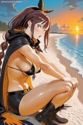 1girl ai_generated bangs beach bikini bikini_top black_cape black_footwear black_shorts blush boots breasts brown_hair cape green_eyes hi_res high_heel_boots high_heels high_quality high_resolution hood hood_down large_breasts long_hair navel ocean open_mouth outdoors pantyhose patreon ponytail re:zero_kara_hajimeru_isekai_seikatsu savvyraexo seductive sexy shaula_(re:zero) shiny shiny_clothes shiny_skin short_shorts shorts sitting solo sunset swimsuit thighs uncensored very_long_hair water watermark