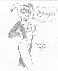 00s 1girls 2000s 2001 batman:_the_animated_series batman_(series) bodysuit bra breasts daria_mcgrain dc dc_comics dcau female female_only flashing flashing_breasts harley_quinn harley_quinn_(classic) human monochrome nipples open_bodysuit sketch solo speech_bubble