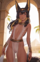 1girl ancient_egyptian animal_ear_fluff arch artist_name ass_visible_through_thighs bare_shoulders black_hair blonde_hair blue_eyeshadow blurry blurry_background bracelet circlet cleft_of_venus colored_inner_hair commentary cowboy_shot dark-skinned_female dark_skin day english_commentary eyeshadow flat_chest hair_between_eyes hair_tubes highres jewelry long_hair makeup multicolored_hair navel nipples original palm_tree parted_lips pelvic_curtain personalami pussy see-through_clothes signature solo tree two-tone_hair uncensored usekh_collar